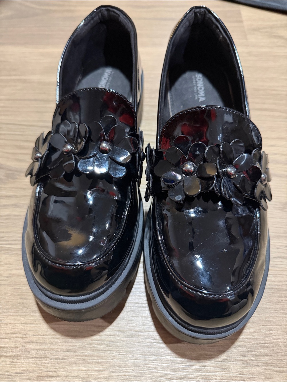 Sonoma Kids Black Patent Loafers with Floral Trim